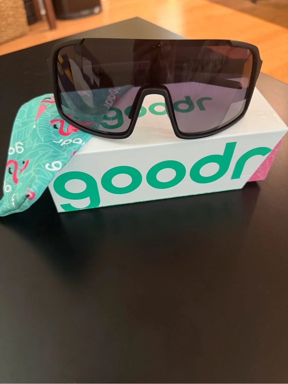 Goodr Black My Sweat has an Octane Rating Shield Sunglasses with Gradient Lenses